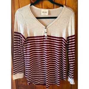 Ella Mara  Henley Long Sleeve Striped Colorblock Top Burgundy Oatmeal size Small